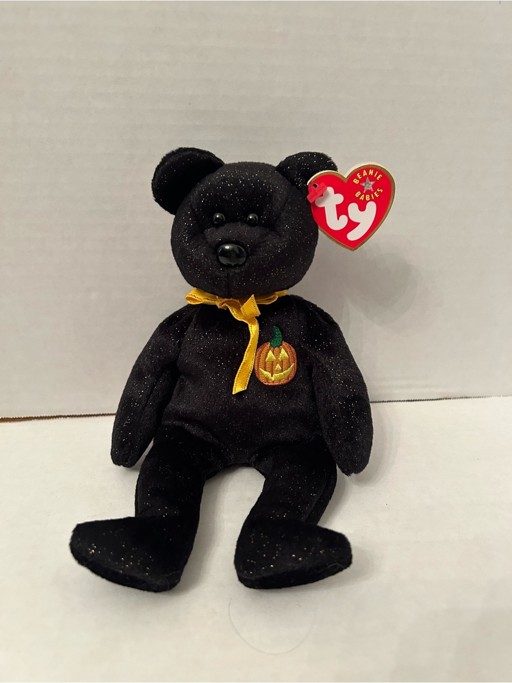 Ty Beanie Baby - HAUNT the Halloween Bear - Black Plush with Pumpkin